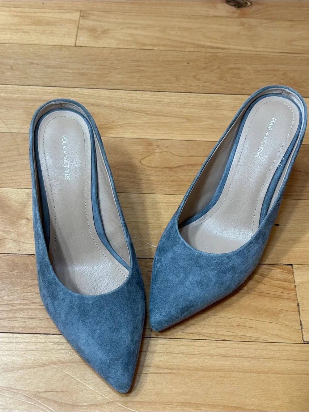 Pour La Victoire Smoky Slate Blue Suede Pointed Toe Daria Heels 7